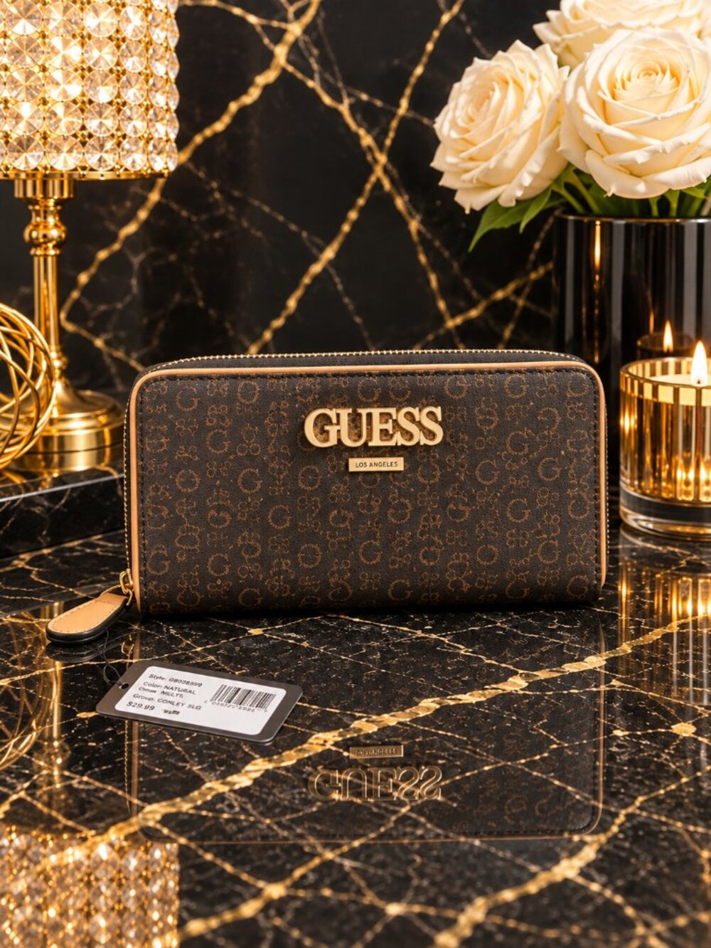 GUESS Conley Logo Zip Around Wallet Natural Multi Brown Tan Gold NWT